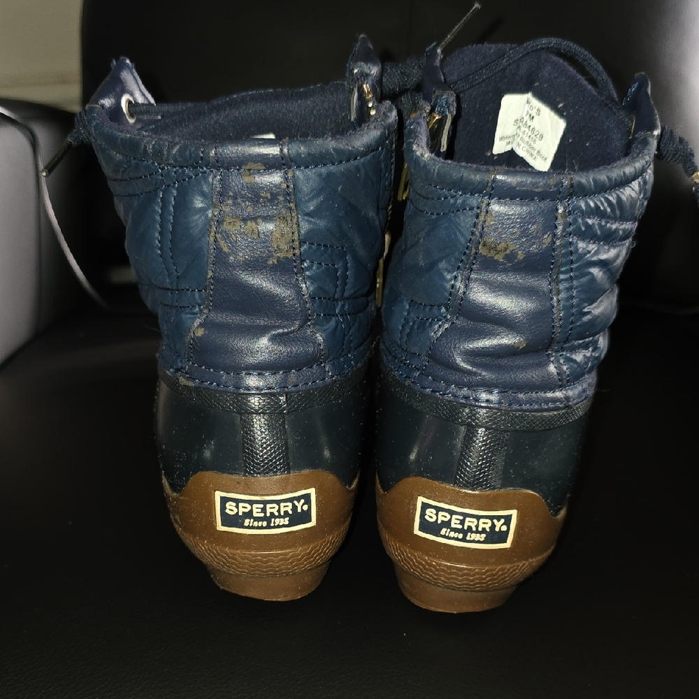 Sperry Navy Quilted Boots with Brown Accents
